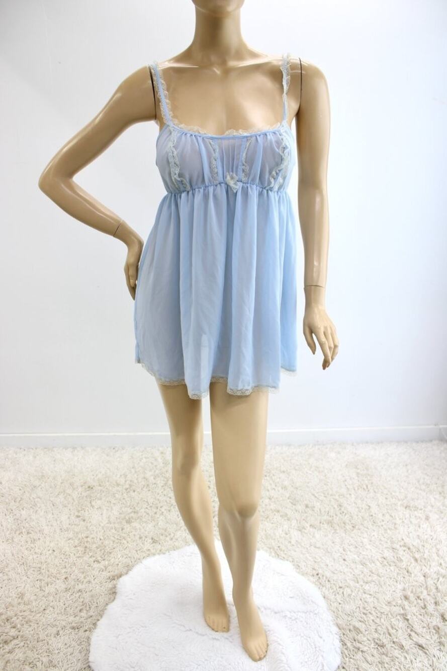 Victoria's Secret Babydoll Nightie Large Slip dress Semi Sheer Blue Coquette